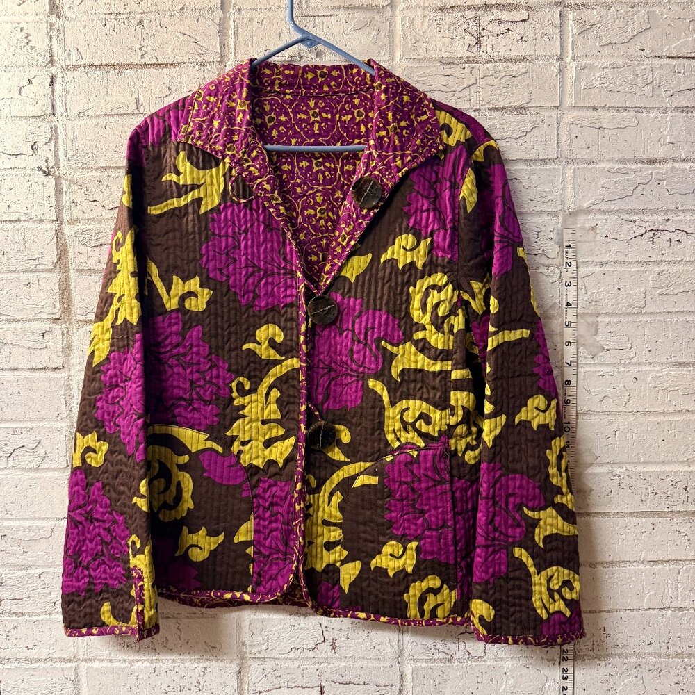 Vintage Quilted Floral Jacket Boho Statement Coat Purple Brown Yellow Oversized